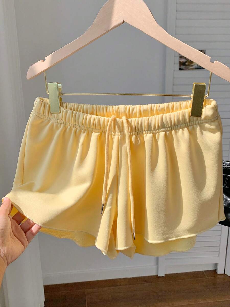 Comfortcana 大码纯色弹力腰宽松休闲百搭短裤，柔软舒适，适合春夏穿着，黄色 - 黃色 - 查看 1