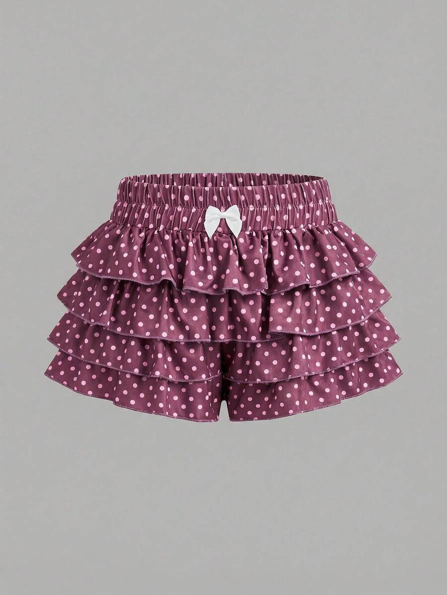 SHEIN 少女休闲波点短裙，适合母亲节、毕业典礼、春夏日常、外出、度假、节日穿着，时尚少女，休闲百搭，返校季、返校季、轻松休闲风 - 彩色 - 查看 1