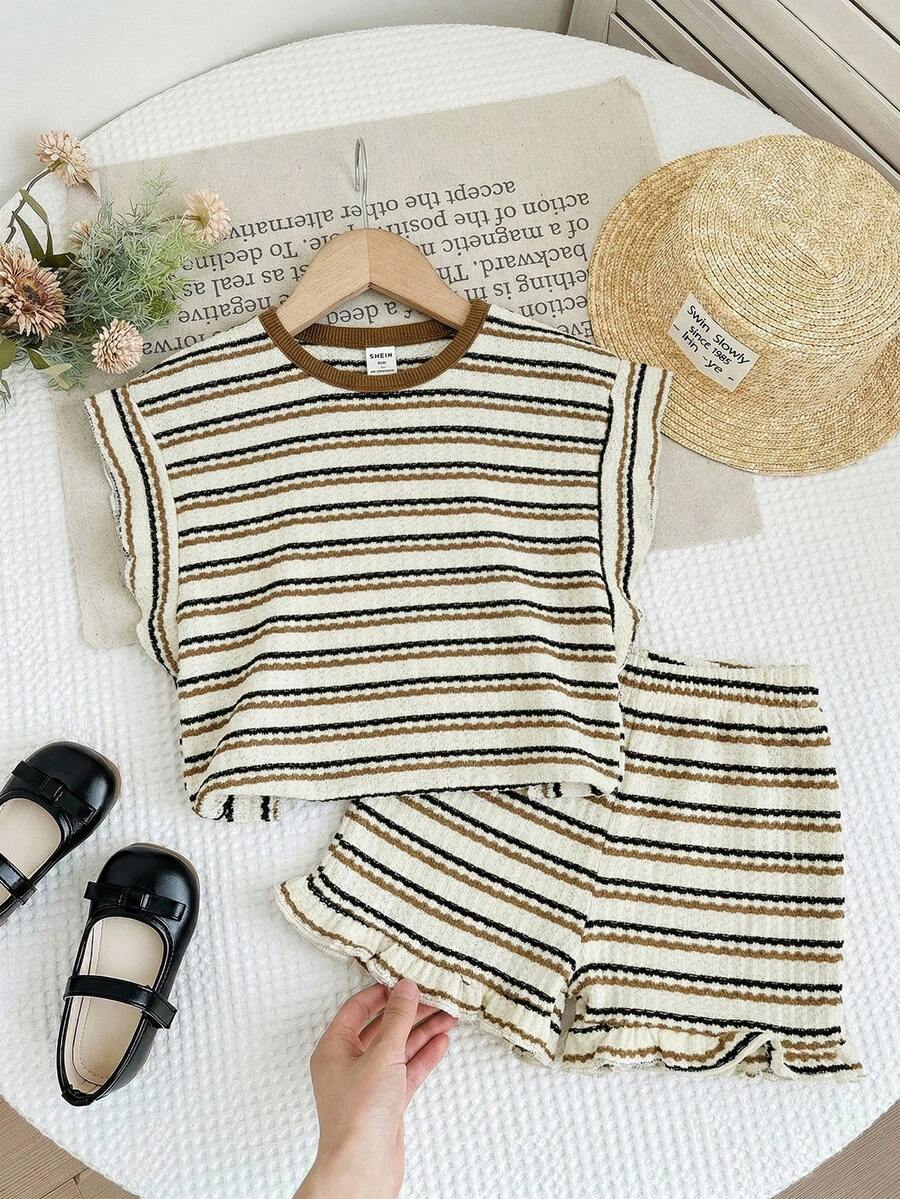 LMoss Kids Set de 2 piezas con camiseta de punto de cuello redondo a rayas y pantalones cortos para niña joven - Caqui - Ver 1
