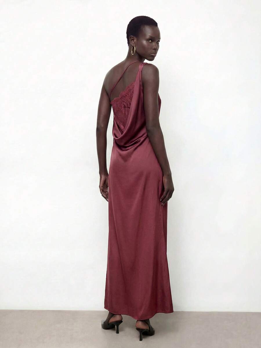 Maija 优雅紫红色美人鱼裙摆蕾丝拼接露背连衣裙