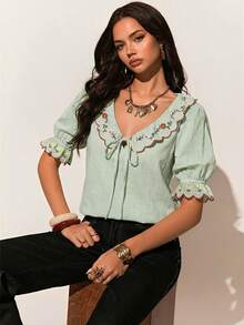 Poéselle 女士花卉刺绣打结休闲百搭日常衬衫，时尚女装，女士休闲服饰，波西米亚风女装，最新款女式上衣 - 薄荷綠 - 查看 5