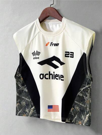 Manfinity Roghcode 男士加大码无袖背心，年轻时尚街头风，宽松露背设计，迷彩图案，撞色拼接，90年代复古街头风，适合复古、朋克、Y2K、简约风爱好者、说唱歌手，节日礼物、男友礼物，适合年轻休闲日常通勤、返校季秋冬穿搭，送给朋友的绝佳礼物