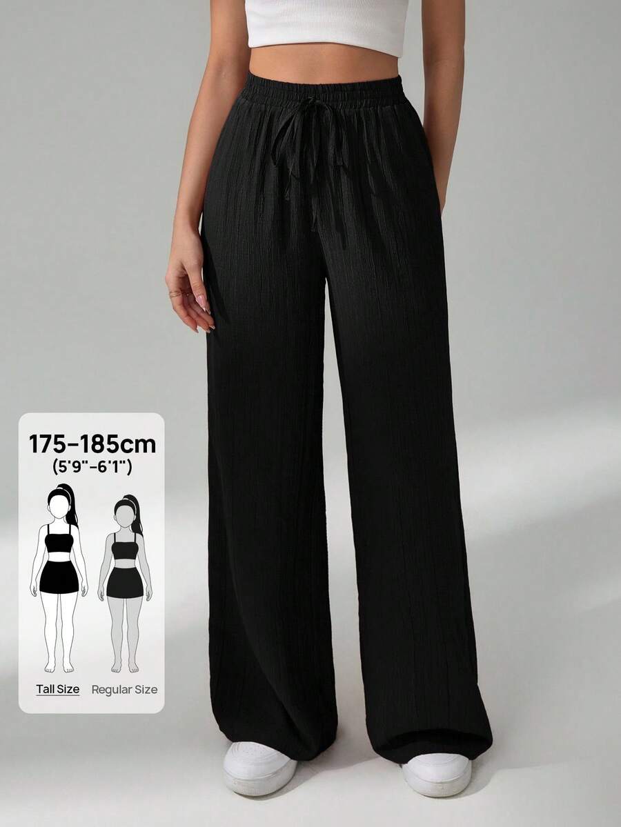 SHEIN Tall Women's Solid Color Belted Wide Leg Loose Casual Long Pants,Cargo Pants - Black - View 1