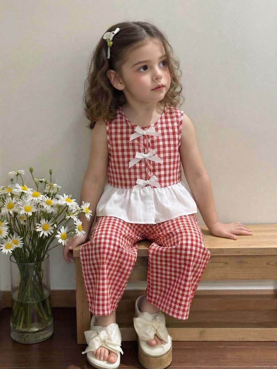 SHEIN Playful Pals 2件套女婴幼儿/新生儿0-3岁春夏休闲甜美日常度假条纹梭织无袖上衣和阔腿裤两件套 - 紅色 - 查看 1