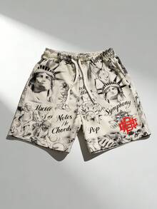 ROMWE MEN Street Life 2026春夏秋季男士时尚休闲印花短裤，运动休闲服饰，适合日常、居家及户外穿着 - 彩色 - 查看 2