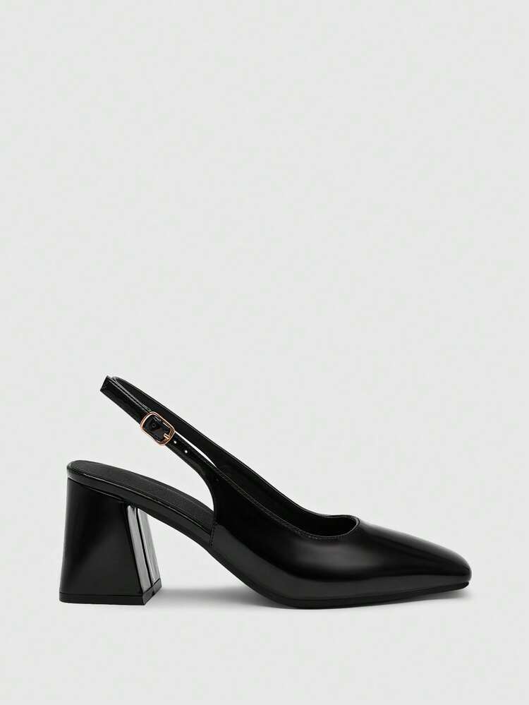 CUCCOO BIZCHIC Women's Shoes Square Toe Thick Heel Versatile Back Strap Black High Heels