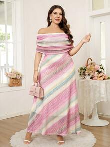 Reflora Đầm lệch vai kẻ sọc thanh lịch tối giản dành cho nữ cỡ lớn - Nhiều màu - Xem 6