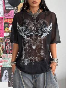 Coolane T-shirt oversize noir confortable, respirant et extensible avec graphiques vintage sexy, décontracté, grunge, gothique, punk et gyaru. Streetwear d'été pour femmes et hommes - Noir - Voir 3