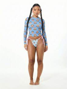 SUMWON X PAUL FRANK SUMWON WOMEN 女士长袖猴子印花网纱上衣，侧边系带设计，全身印花卡通图案，蓝色时尚休闲上衣 - 藍色 - 查看 3