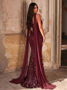 Glamrae 优雅奢华的3D立体花朵串珠弹力针织美人鱼裙，性感无肩带设计，适合婚礼、派对、度假、舞会、正式场合（装饰繁复） - 酒紅色 - 查看 2