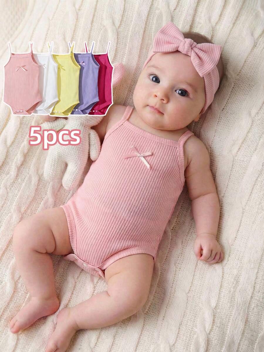 SHEIN Playful Pals 5件套女婴幼儿0-3岁休闲百搭纯色罗纹针织连体衣套装 - 彩色 - 查看 1