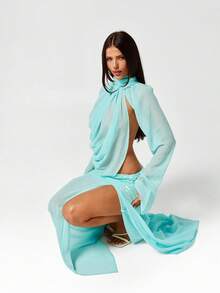 SHEIN ICON 女士宽松度假休闲蝙蝠袖上衣，高领露背褶皱细节衬衫，优雅外出之选 - 淺藍色 - 查看 10