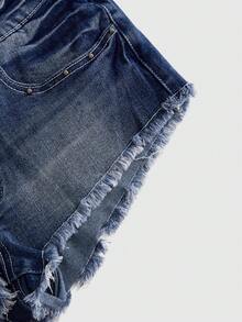 ROMWE J-Fashion 复古Y2K朋克风低腰超短拉链铆钉口袋刺绣女式牛仔短裤 - 深色水洗藍 - 查看 4