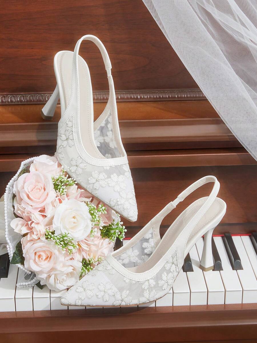 CUCCOO HITCHD Women Shoes Autumn New Mesh Stiletto High Heels Pointed Toe Embroidered Shoes - White - View 1