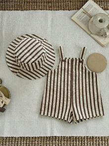SHEIN Bộ 2 món cho bé trai/bé gái, gồm yếm ăn và mũ tai bèo kẻ sọc mùa hè, trang phục thường ngày cho ở nhà, đi chơi, đi biển. - Nhiều màu - Xem 6