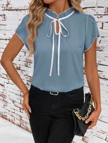 SHEIN Clasi Áo sơ mi ngắn tay phối màu tương phản ôm dáng dành cho nữ, trang phục mùa hè cho nữ, trang phục giáo viên cho nữ, áo sơ mi trắng, trang phục đồng quê cho nữ, quần áo mùa hè cho nữ. - Màu xanh bạc hà - Xem 5