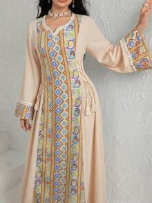 Al Najma U-Neck Pastal Embellished Ribbon Patchwork Fabric Tassel Tie Cuff Maxi Dress, Turkish Arabic Traditional Long Robe Golf Autumn - Apricot - View 4