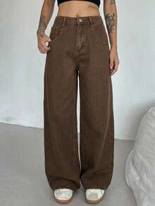 Dazy Tall Jeans casuales de pierna recta y holgados, estilo callejero para mujer - Marrón - Ver 3