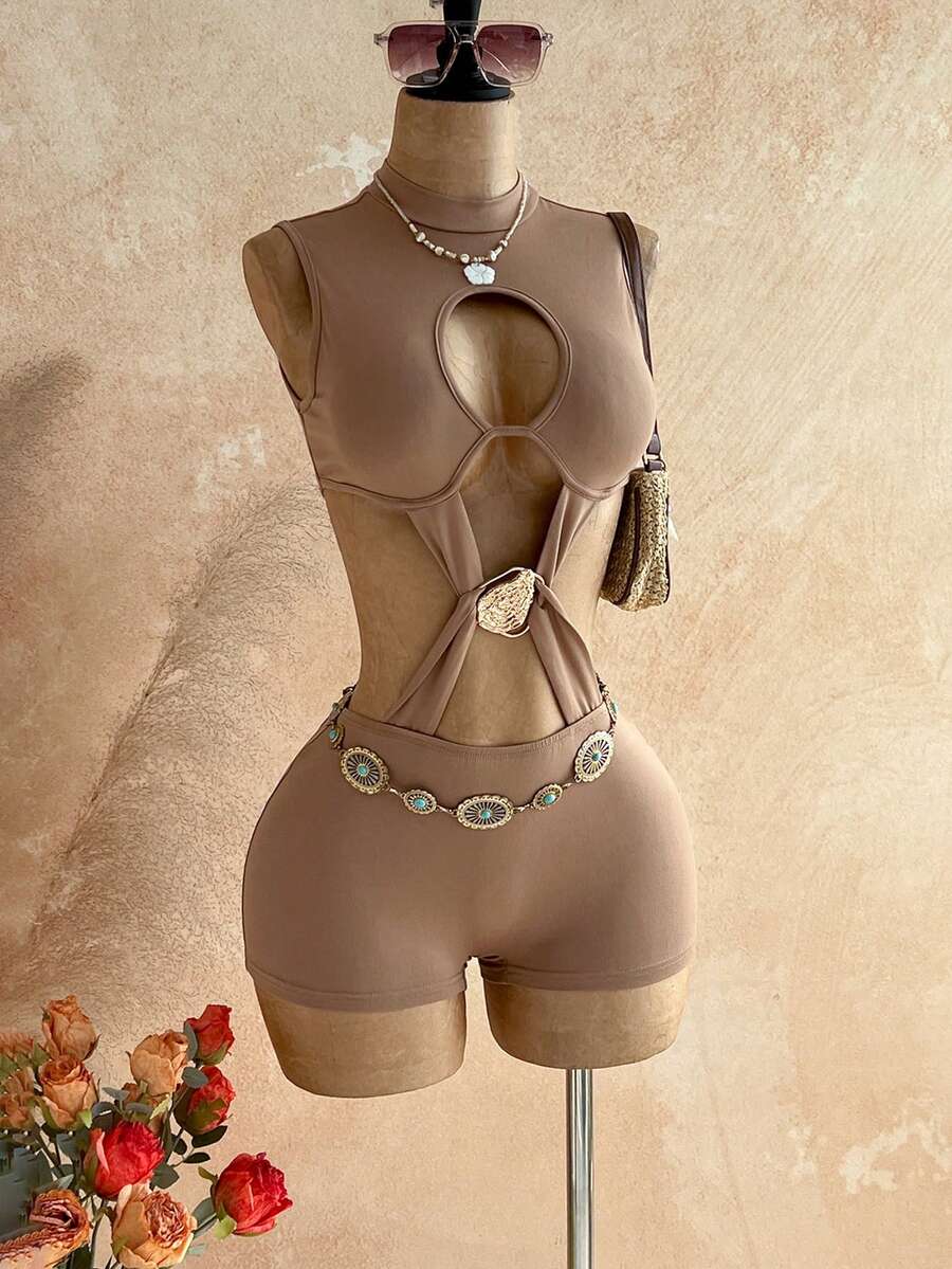 Soleia Trang phục dự tiệc cưới kiểu miền Tây thường ngày, phong cách giản dị, phù hợp cho lễ tốt nghiệp, tiệc brunch ngày lễ Thánh Patrick, kỳ nghỉ xuân, lễ Phục Sinh, lễ hội âm nhạc, phong cách boho lãng mạn nhiệt đới, ngày lễ Tình nhân, Giáng sinh, bộ jumpsuit hở lưng gợi cảm với thiết kế cắt xẻ kim loại. - Cà phê nâu - Xem 1