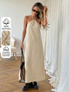 Easowa Vestido casual de verano sin espalda con cuello halter de unicolor para mujer - Albaricoque - Ver 6