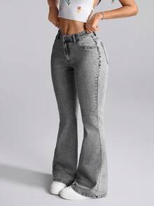 Selenza Women's High Waist Floral Embroidered Pocket Flare Casual Jeans - Light Grey - View 3