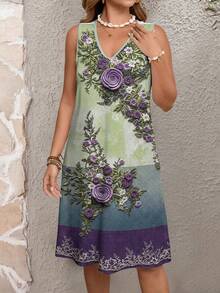 EMERY ROSE Plus Size Women's Floral Print V-Neck Sleeveless Dress For Vacation,Stylish Tank Dress,Fashion Summer Dresses Sundress Beach Women Outfit - Multicolor - View 3
