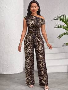 SHEIN Lady Bộ đồ thời trang 2 món dành cho nữ, gồm áo hai dây nhún vai họa tiết da báo và quần ống rộng. - Nhiều màu - Xem 6