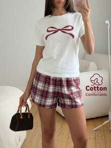 Aloruh 女士蝴蝶结印花圆领短袖T恤和格子短裤休闲两件套 - 白色 - 查看 2