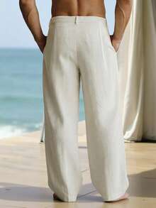 VENTUSAIL 男士亚麻梭织宽松休闲长款褶裥裤，适合春夏秋季穿着 - 杏色 - 查看 4
