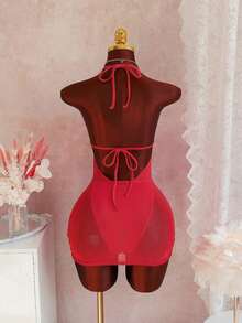SHEIN Swim Swim Vcay 2026 女士优雅酒红色网纱挂脖深V连体泳衣，搭配透视褶皱迷你罩裙，塑形收腹泳装套装，适合夏季海滩度假穿着，休闲优雅的深V领镂空连体泳衣，饰有金属环细节，适合泳池派对假日装扮 | 酒红色性感网纱连体泳衣，女士度假必备 - 紅色 - 查看 3