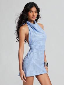 SHEIN Haute Women's Diagonal Stripe Cowl Neck Halter Dress - Blue - View 6