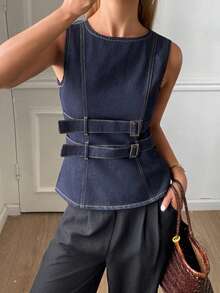 Livesso Damen ärmelloses einfarbiges Jeans-Crop-Top mit Gürtel - Blau - Übersicht 8