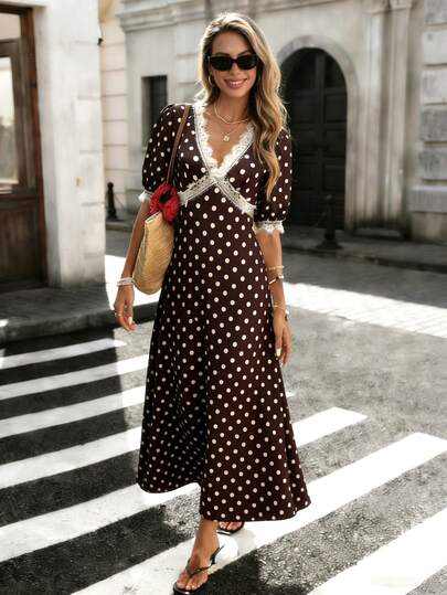 Pariaura Women's Elegant Vintage Chocolate Brown Polka Dot V-Neck Contrast Color Lace Ruffle Petal Sleeve Dress