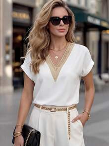 SHEIN LUNE Contrast Guipure Lace Panel Batwing Sleeve Blouse - White - View 6