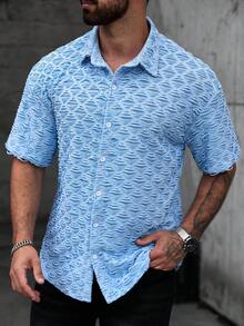 SLATEMANN Men's All-Over Print Button Front Casual Short Sleeve Shirt - Blue - View 7