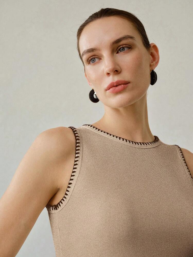 WOMEN'S SUMMER WHITE CONTRAST RIB KNIT SLEEVELESS ELEGANT VERSATILE TANK TOP