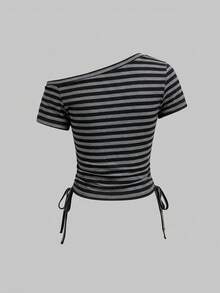 ROMWE Avant Women's Striped Asymmetric Neck Letter Print Casual Versatile Daily Wear T-Shirt - Dark Grey - View 2