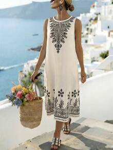 Linhara CURVE Vacation Summer Round Neck Bohemian Sleeveless Digital Print Place Large Size Dress - Apricot - View 5