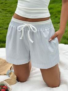 Resyla American Blue & White Vertical Striped Shorts, Women Summer Casual Versatile Wide Leg Pants - Multicolor - View 5