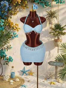 Amplova Rope, Starfish & Shell Pendant Decor Cropped Top & Mini Skirt 2 Pieces Set - Blue - View 5