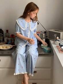 DAZY Tween Girl Fall Clothes, Tween Girls Heart Pattern All-Over Print Contrast Trim Loungewear Set Summer - Blue - View 5