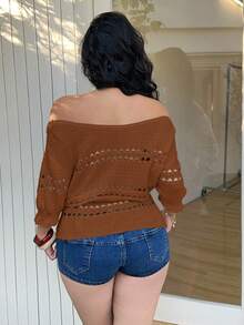 Sunnyshic Women Summer Chocolate Brown Off-Shoulder Knit Crochet Sweaters,Autumn Smart Casual Hollow Out Drawstring Ruffle Waist-Defining Plus Size Vacation Top - Coffee Brown - View 2