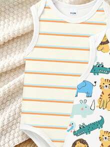 Playful Pals Conjunto de 3 piezas de pelele para bebé niño, con estampado minimalista de animales lindos y dinosaurios con elementos a rayas, sin mangas, adecuado para el verano - Multicolor - Ver 6