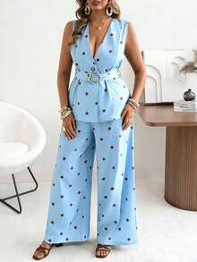 Ceyna 大码女式经典复古波点背心和阔腿裤套装 夏季度假装 - 淺藍色 - 查看 3