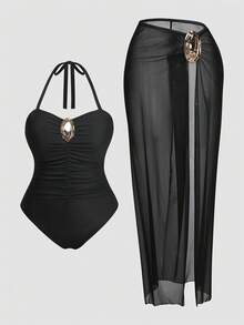 Swim Oasis Plus Size Solid Color Metal Decor One-Piece Swimsuit Cover-Up Skirt - Black - View 1