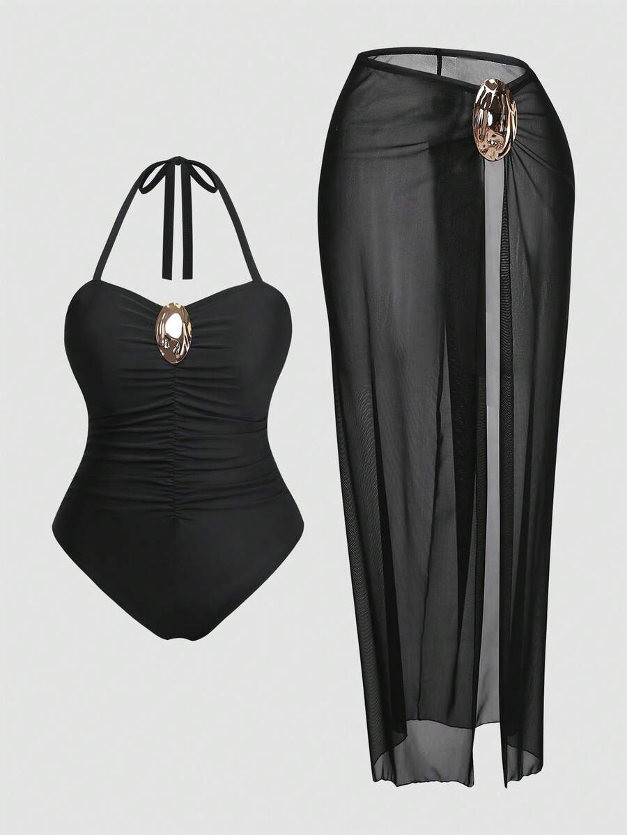 Swim Oasis Plus Size Solid Color Metal Decor One-Piece Swimsuit Cover-Up Skirt - Black - View 1
