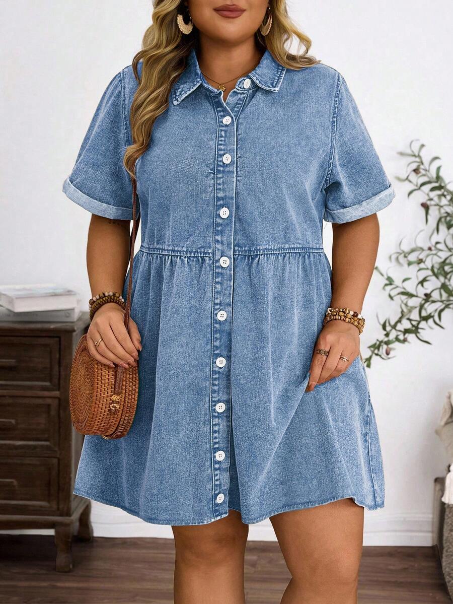 EMERY ROSE Vestido de mezclilla vintage con estampado de copos de nieve para mujer de talla grande, primavera/verano - Lavado ligero - View 1