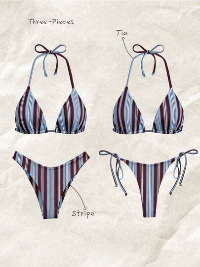 Elavelle Bộ bikini 3 mảnh cổ yếm cạp cao in họa tiết ngẫu nhiên dành cho nữ, thích hợp cho mùa xuân/hè.