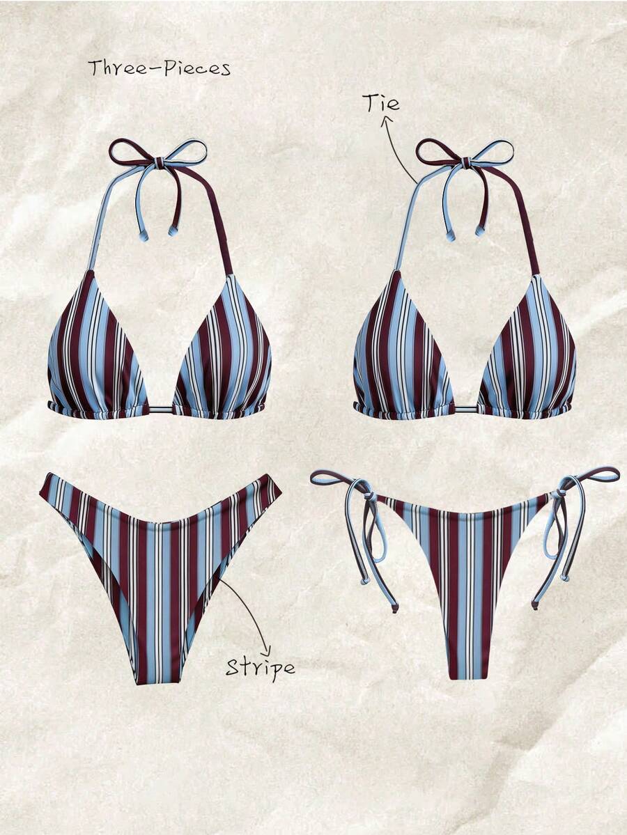 Elavelle Bộ bikini 3 mảnh cổ yếm cạp cao in họa tiết ngẫu nhiên dành cho nữ, thích hợp cho mùa xuân/hè. - Nhiều màu - Xem 1