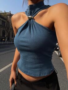 DAZY Summer Vacation Halter Metal Decor Fitted Women Denim Top - Blue - View 7